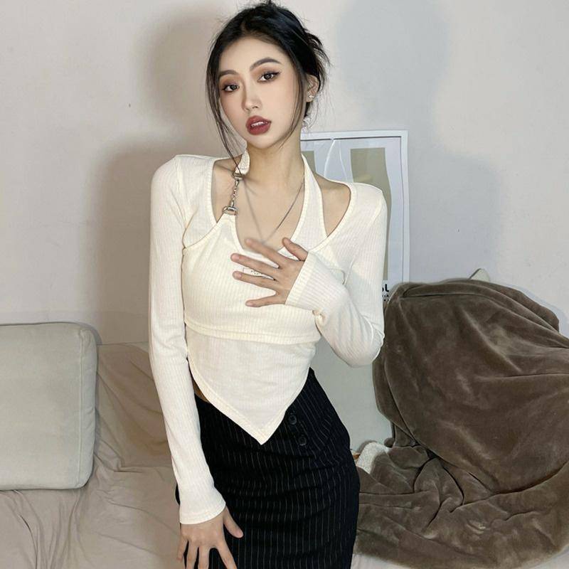 Áo Thun Tay Dài Phối Dây Xích Giả Hai Lớp Thời Trang Dành Cho Nữ