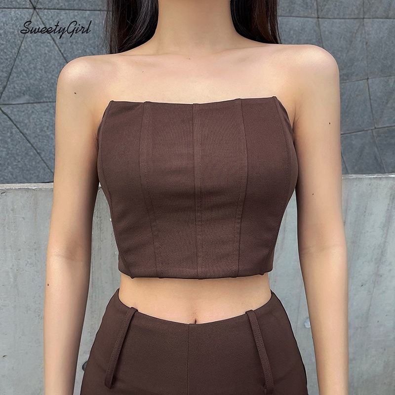 Set Áo Ống Trễ Vai Màu Sắc Đơn Giản + Quần Dài Lưng Cao Ống Đứng Thời Trang Cho Nữ