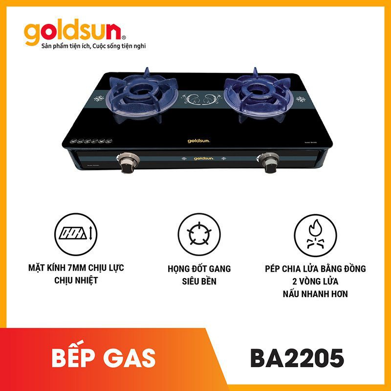 Bếp gas siêu tốc Goldsun BA2205 với thiết kế đơn giản, cấu tạo cơ bản, chất lượng bền bỉ giúp tiết kiệm gas