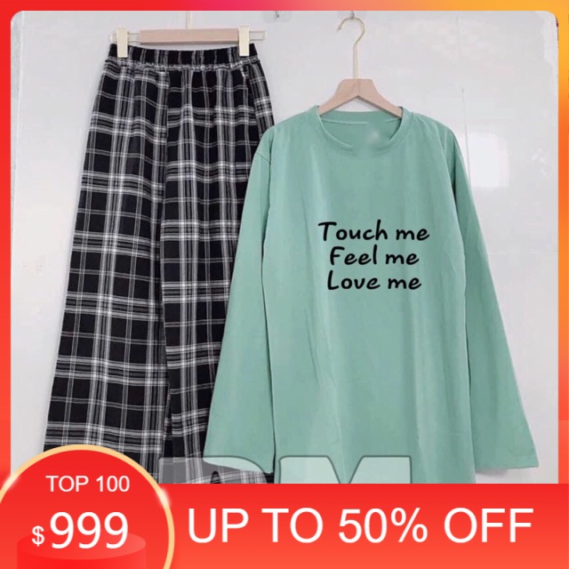 Sét áo love me tay dài + quần kẻ vuông (NN12) , Áo thun nam nữ, quần kaki, quần nữ, sét bộ mặc ở nhà MODY