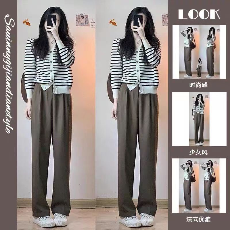 Bộ Áo Cardigan Dệt Kim Dáng Rộng Phối Quần Ống Rộng Kiểu Hàn Quốc Thời Trang Xuân Thu Cho Nữ