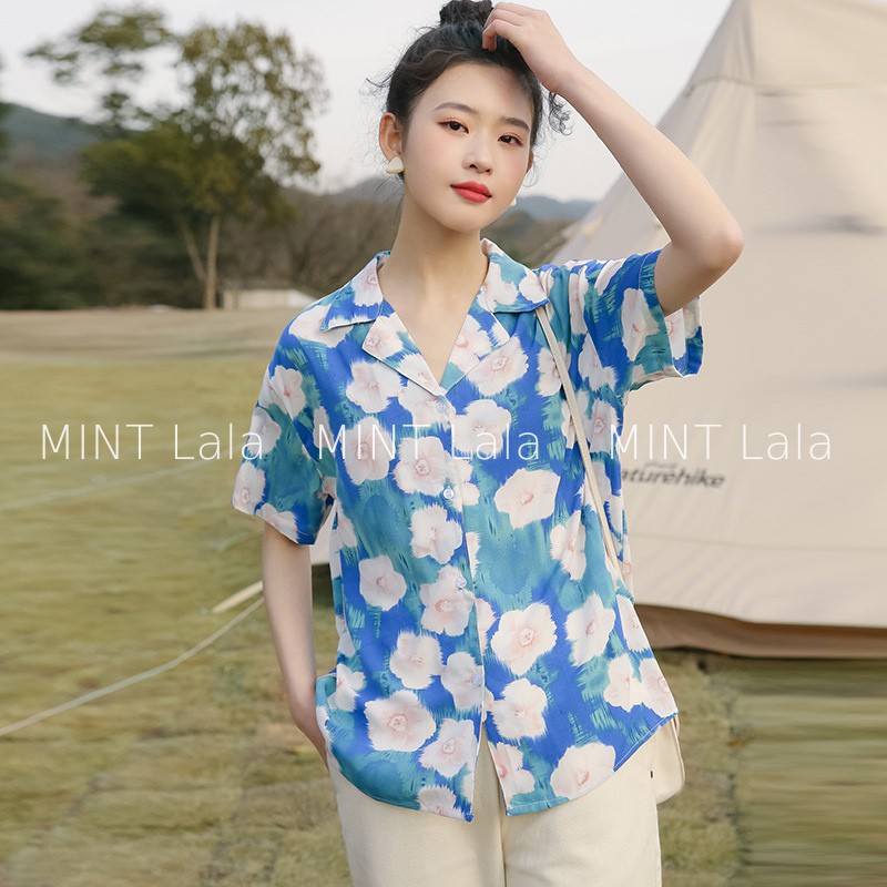 Áo Sơ Mi Họa Tiết Nữ Ngắn Tay Xanh Tươi Mát - MINT Lala