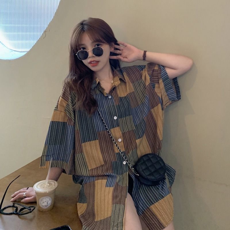 Áo Sơ Mi Ngắn Tay Dáng Rộng Họa Tiết Sọc Kẻ Ô Phong Cách Retro Hàn Quốc Dành Cho Nữ