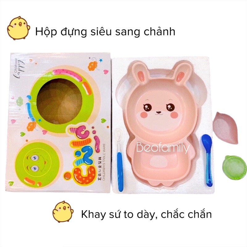 Bộ Đĩa Khay Ăn Dặm 2 Ngăn Hình Thỏ Hồng To , Đĩa Trang Trí Hình Thỏ Cao Cấp - Beofamily