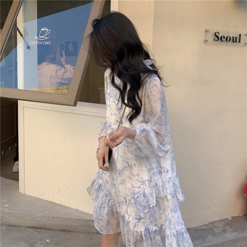 [Order] (K3) Váy đầm nền hoa dáng dài Hàn Quốc thắt nơ loại đẹp màu trắng xanh