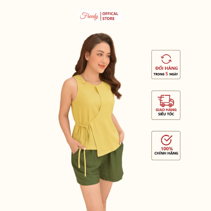 Đồ ngủ mặc nhà nữ Freedy Bộ sát nách vàng vạt chéo quần xanh rêu