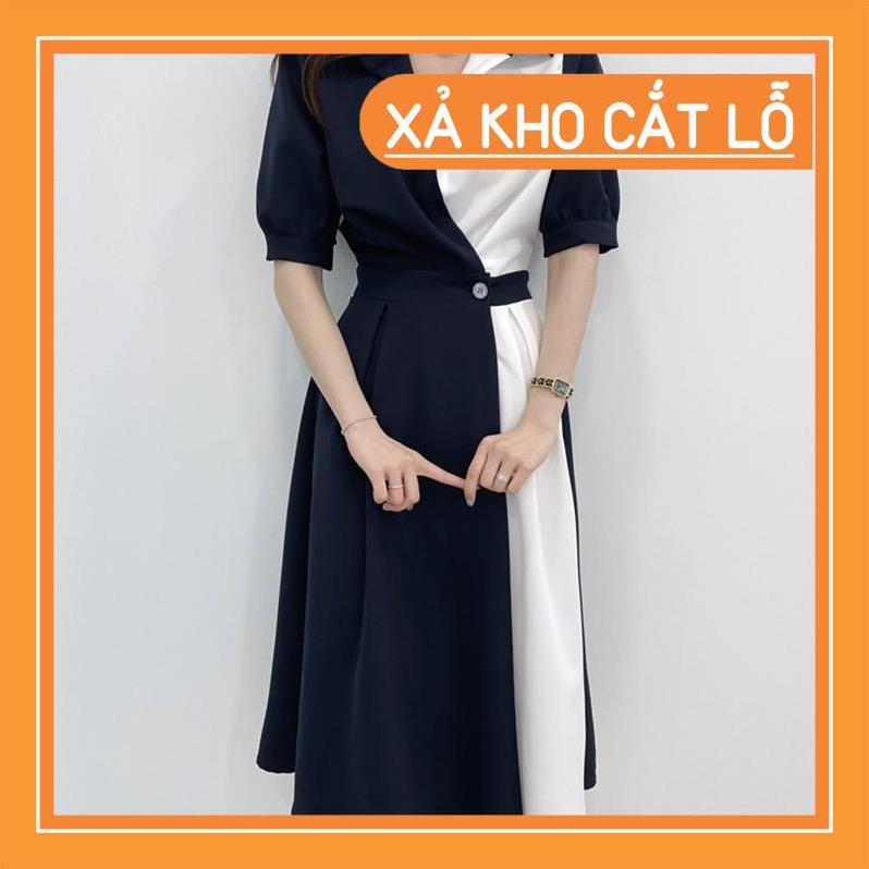 [Quần Áo Hot] Đầm sơ mi cổ bẻ dài tay phối 2 màu đính khuy thắt eo xòe dài nhẹ nhàng thanh lịch | BigBuy360 - bigbuy360.vn