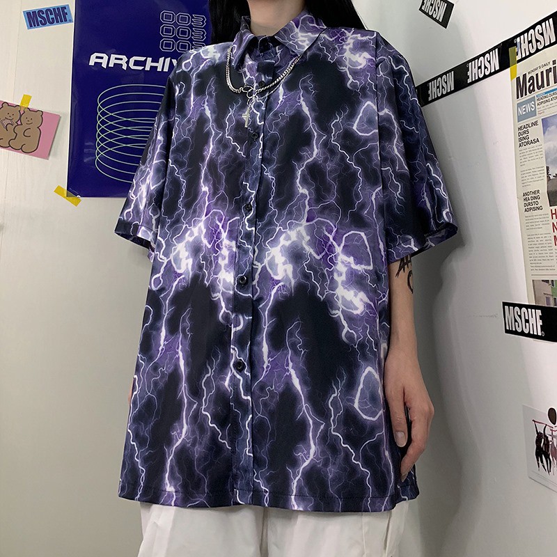 Sơ mi họa tiết sấm sét tay ngắn oversize unisex cực chất ( có sẵn )