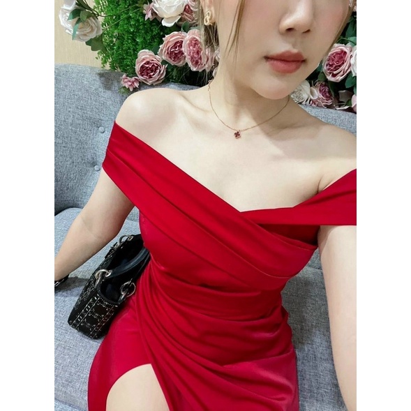 Đầm maxi bẹt vai xẻ đùi TRIPBLE T DRESS chất phi thun lụa - MS240Y