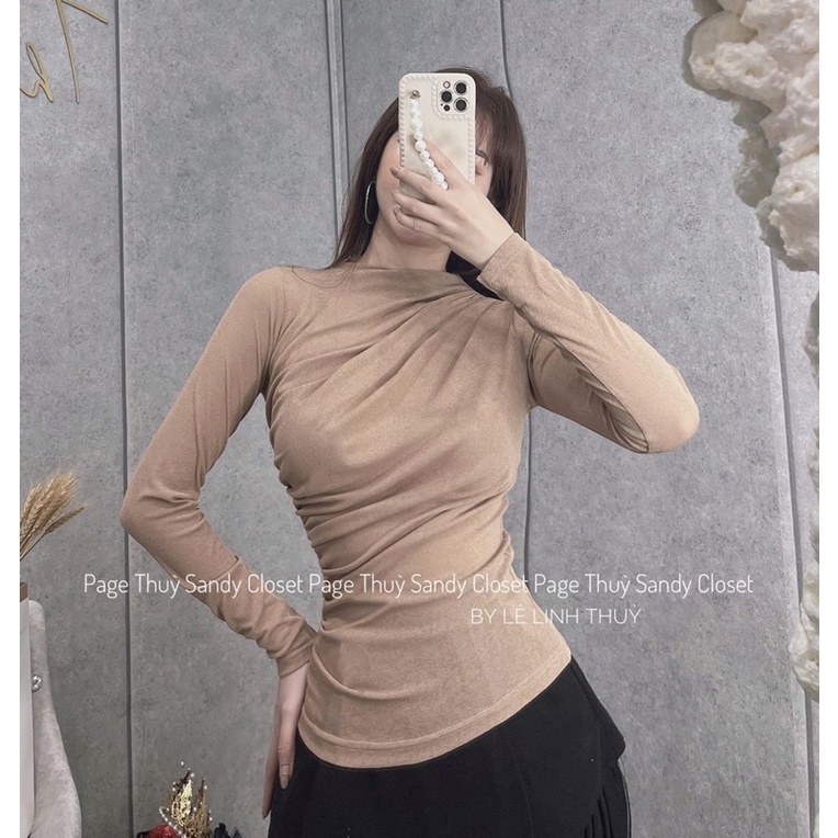 Áo thun giấy rúm cổ leo 3P chất mỏng nhẹ, Áo kiểu cổ cao dài tay AT7128 - NhiNhi Shop