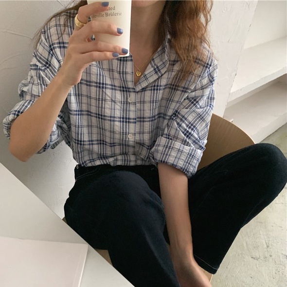 Áo sơ mi tay dài kẻ sọc caro thời trang dành cho nữ 45929