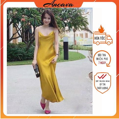 Váy 2 dây cổ đổ chất lụa