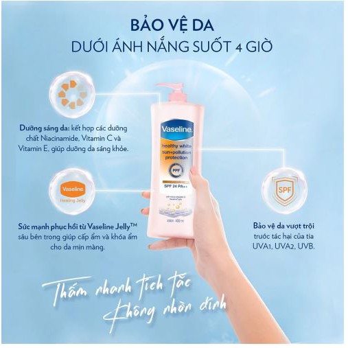 Sữa Dưỡng Thể Trắng Da, Chống Nắng Toàn Thân Vaseline Healthy White Sun + Pollution Protection SPF24/PA++ 400ml | BigBuy360 - bigbuy360.vn