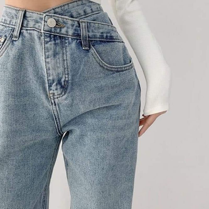 QUẦN JEANS 👖NỮ CẠP CAO LỆCH KHUY, QUẦN JEANS ỐNG RỘNG ❤