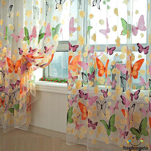 Tấm rèm che nắng vải Voile treo cửa sổ hoạ tiết hoa trang trí nhà ở