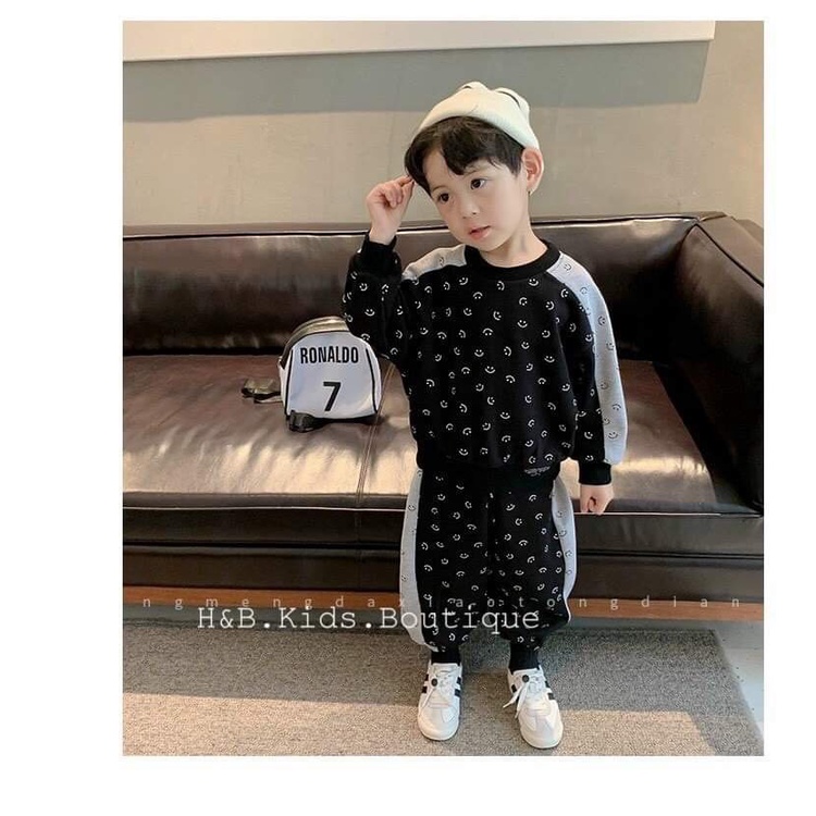 Bộ dài tay thu đông vải da cá in hình mặt cười cao cấp cho bé trai bé gái sơ sinh 8-18kg, nhiều màu lựa chọn