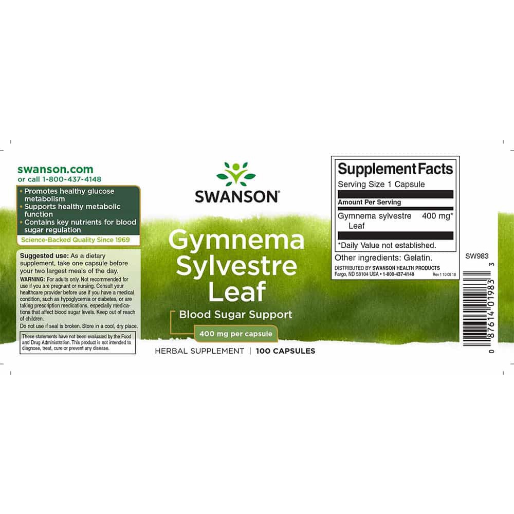 Viên uống hỗ trợ đường huyết cho bệnh nhân tiểu đường Swanson Gymnema Sylvestre Leaf 400mg 100 viên
