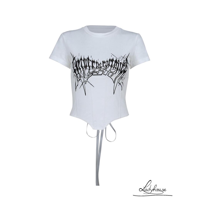 Ldd-áo Thun Tay Ngắn Cổ Tròn In Họa Tiết Cột Dây Mùa Hè Màu Trắng S/M/L Cho Nữ