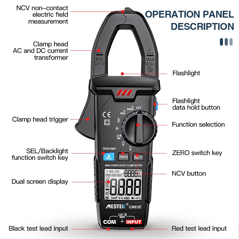 Đồng hồ vạn năng kẹp AC DC đo nhiệt chống cháy bật tắt thông minh đếm 6000 NCV Ohmmeter không tiếp xúc