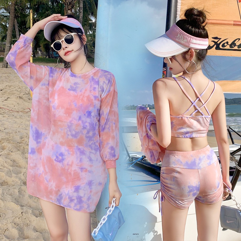 Bộ Đồ Bơi Bikini Ba Mảnh Lưng Cao Chống Nắng Phối Dây Rút Thời Trang Cho Nữ