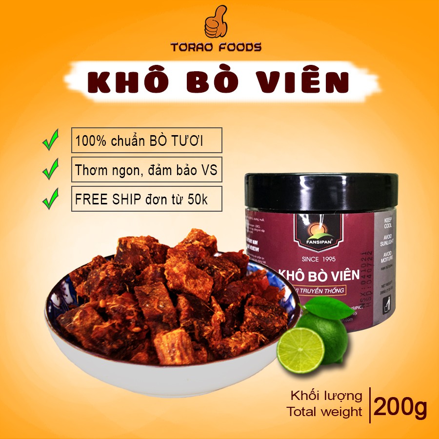 Khô bò viên mềm Fansipan hộp 200g, bò khô viên chuẩn bò loại 1 đảm bảo An toàn Vệ Sinh, Torao Foods - đồ ăn vặt ngon | BigBuy360 - bigbuy360.vn