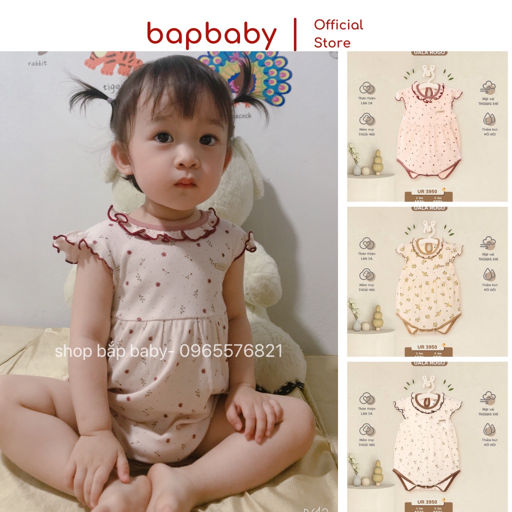 Body chip bé gái Uala Rogo cộc tay, vải cotton thoáng mát, size cho bé 3 tháng đến 9 tháng tuổi