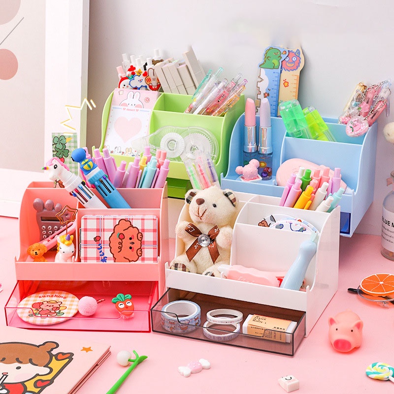 &lt;Tặng Sticker&gt; Khay Kệ Nhựa Đựng Bút Cọ Trang Điểm Đồ Để Bàn Đa Năng Tiện Dụng Tai Thỏ Có Ngăn Kéo CL022