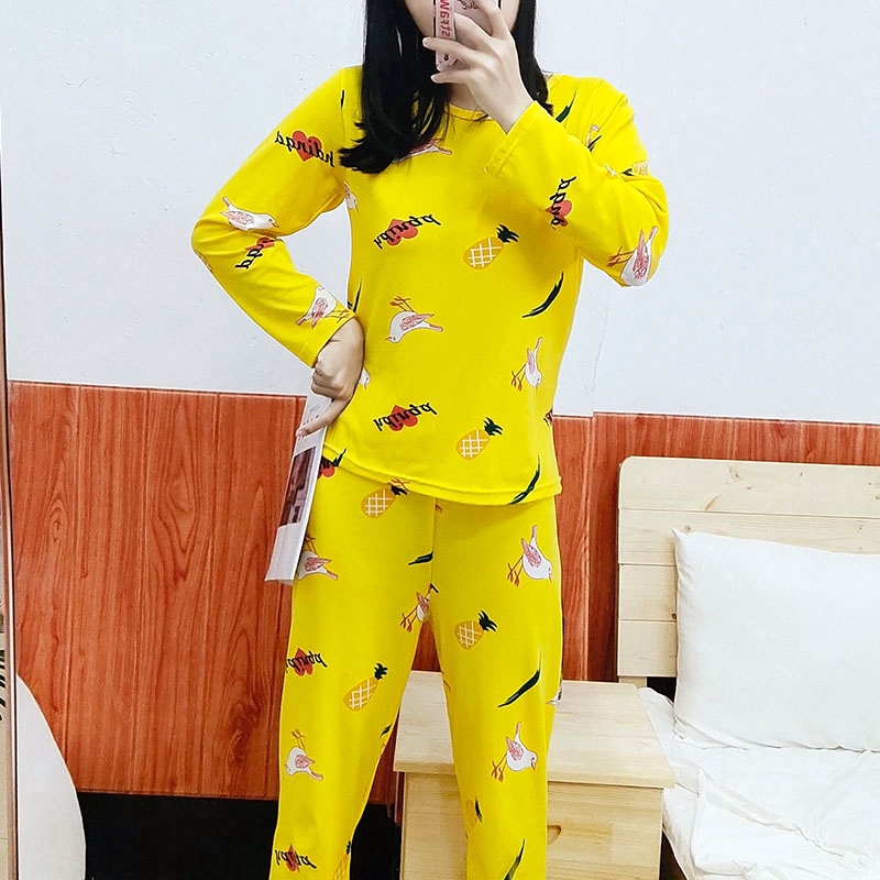 xiaohan korea Spring and Autumn loose nightwear round neck long sleeve sleepwear set cute print women baju tidur | BigBuy360 - bigbuy360.vn