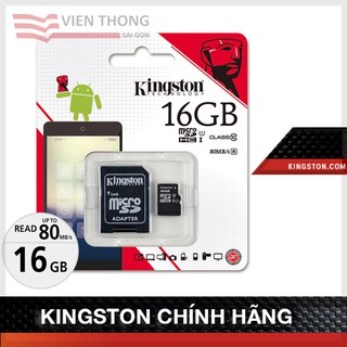 Thẻ nhớ micro SDHC Kingston 16GB class 10 kèm Adapter - Hãng phân phối chính thức
