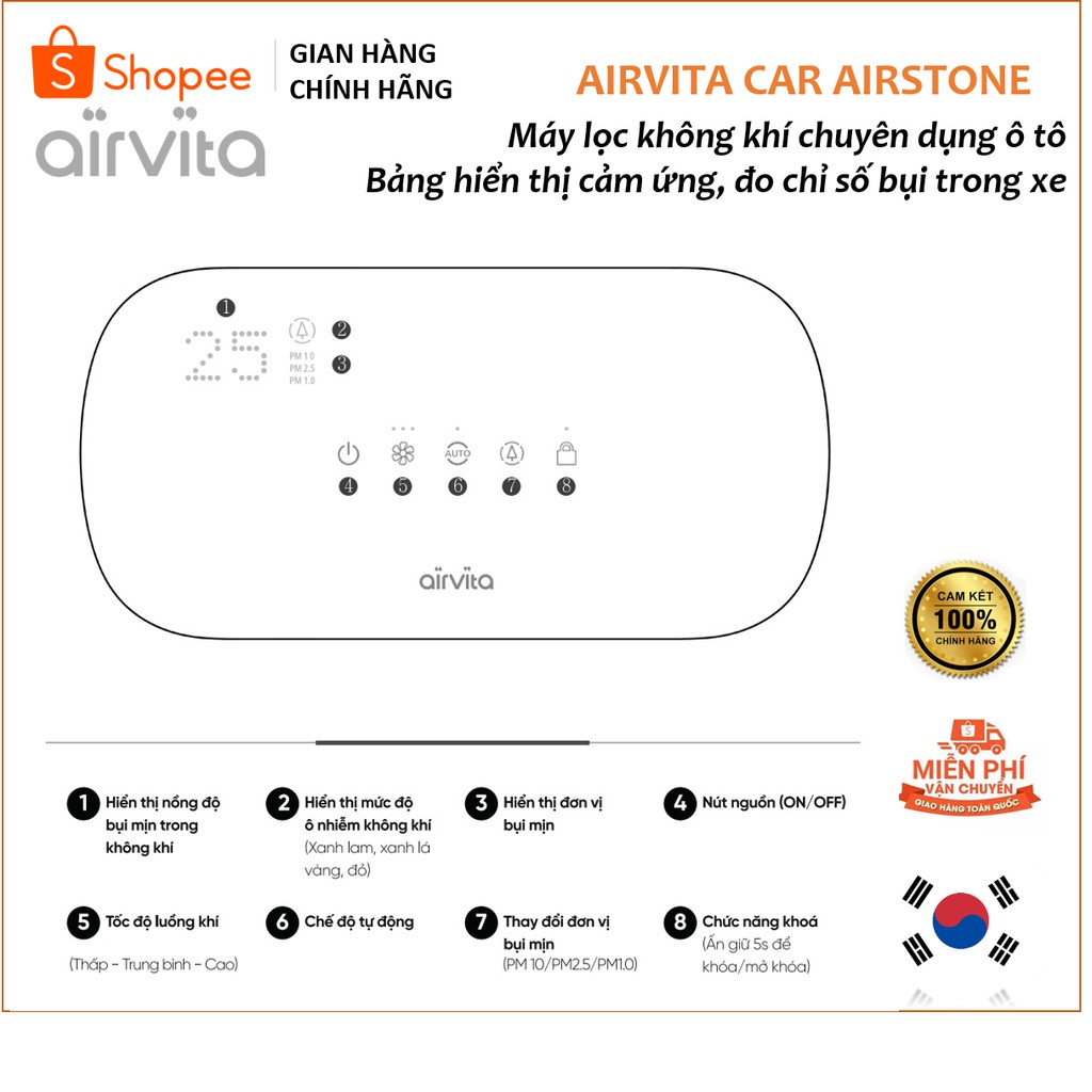 Máy lọc không khí ô tô Airvita Car Airstone Hàn Quốc lọc bụi mịn PM1.0 chỉ sau 10' - Nhập khẩu và bảo hành chính hãng