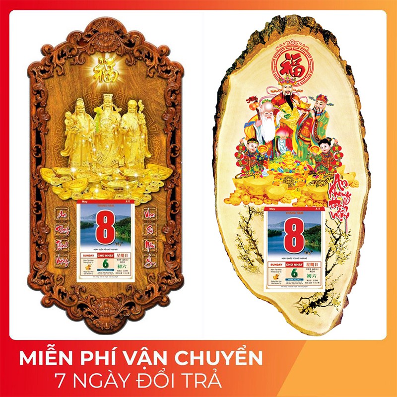 Lịch gỗ phong thủy Tam Đa - Phúc Lộc Thọ treo tường