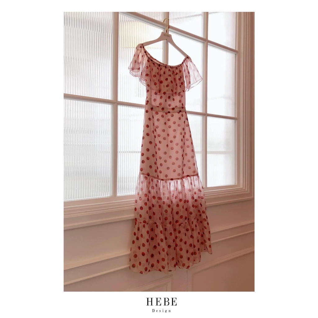 Đầm trễ vai họa tiết chấm bi_HebeDesign_thời trang nữ cao cấp