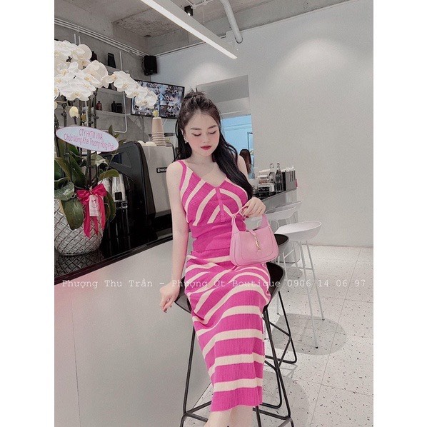 Set mongtoghi nữ áo 2 dây chân váy body dáng dài , set len mỏng kiểu 2 dây body kẻ hồng