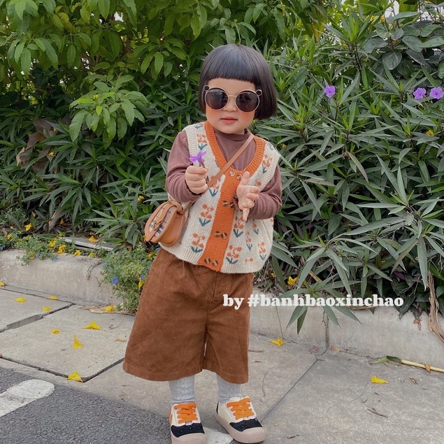 Áo gile len cho bé kiểu hoa vintage mềm mịn dáng xuông , áo thu đông cổ tròn hoạ tiết