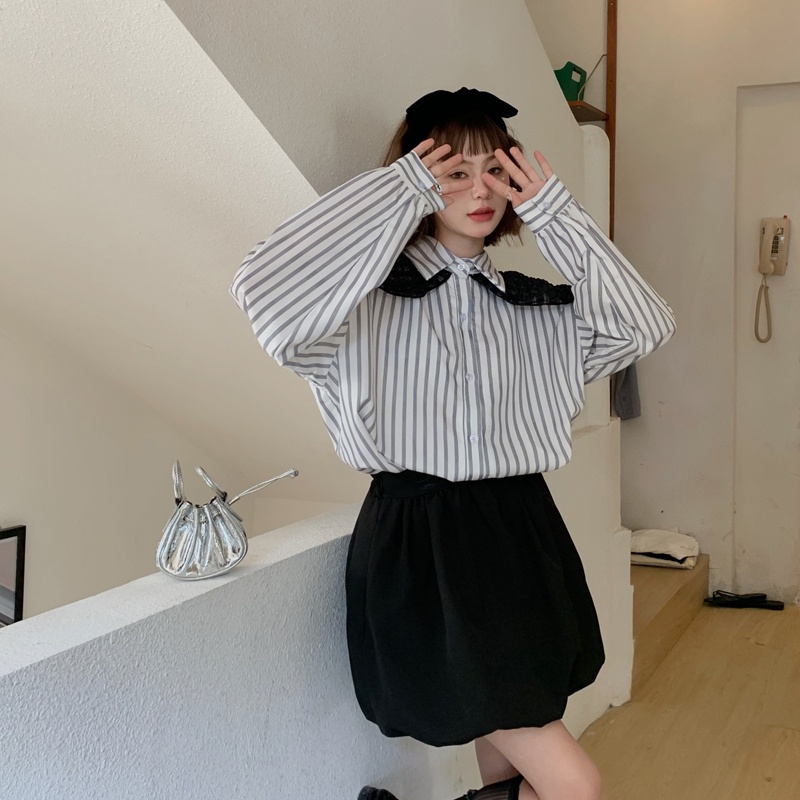 SUXI Áo Sơ Mi Tay Dài Kẻ Sọc Cổ Búp Bê Kèm Khăn Choàng Cổ Thời Trang Mùa Thu Cho Nữ