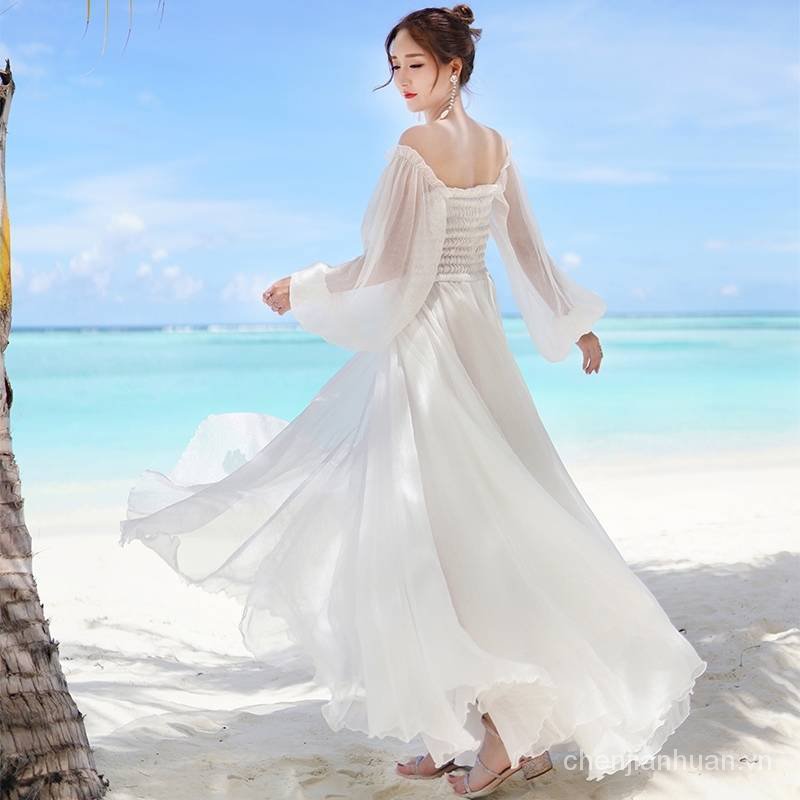 váy trắng kỉ yếu công chúa trễ vai 2021Mùa Hè MớiChicVAI VOAN Đầm Bên Bờ Biển, Bãi Biển, Khu Nghỉ Mát Đầm Trắng Cổ Tích