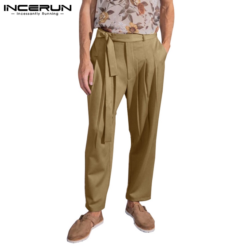 Quần harem INCERUN dáng rộng xếp ly màu trơn phối dây rút thắt lưng thời trang dành cho nam