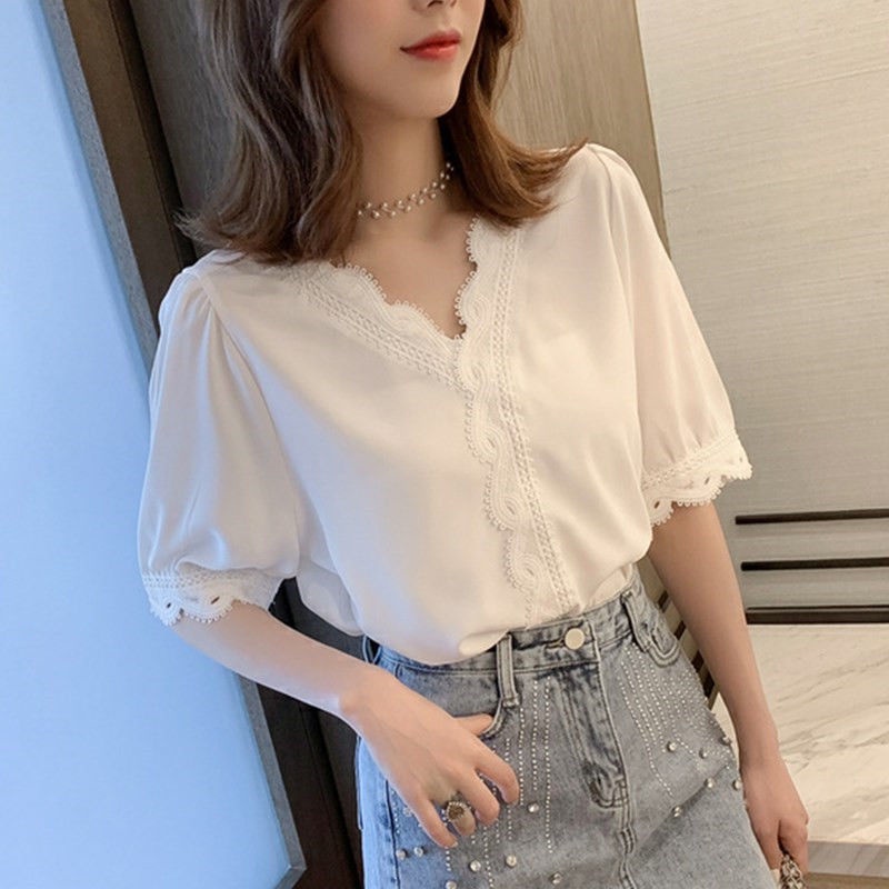 B&amp;G Áo Sơ Mi chiffon Tay Lửng Phối Ren Dáng Rộng Thời Trang Mùa Hè Hàn Quốc Cho Nữ Áo phông Nữ JL-TX-139