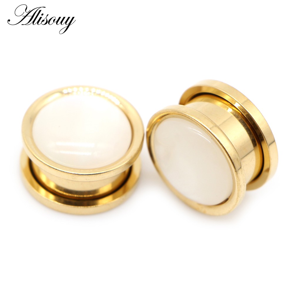 Alisouy 2 cái thép không gỉ màu xanh opal vỏ bông tai tai mở rộng phích cắm căng da tai đường hầm đồng hồ đo xuyên trang sức cơ thể
