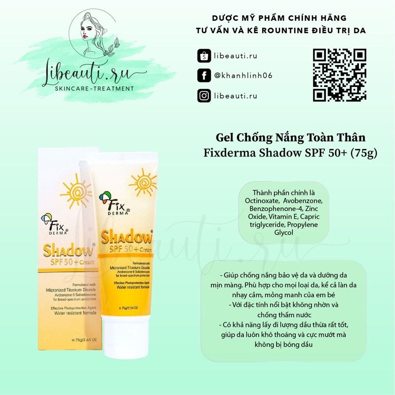 Kem Chống Nắng Fixderma SPF50+ (75g) Kem Chống Nắng Shadow Cho Da Mặt Và Toàn Thân