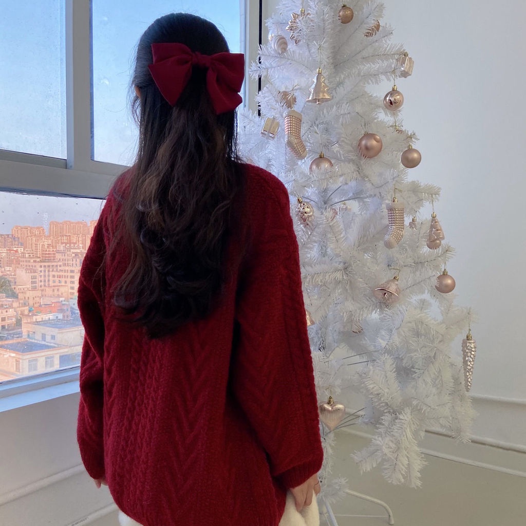 Áo chui đầu dáng rộng màu đỏ phong cách Giáng sinh mới cho nữ