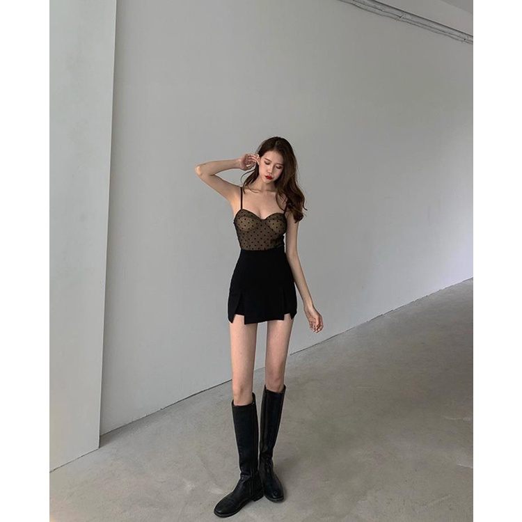 Chân Váy Ngắn Chữ A Lưng Cao Xẻ Tà Màu Đen Phong Cách Hàn Quốc Size S-3XL Thời Trang Cho Nữ