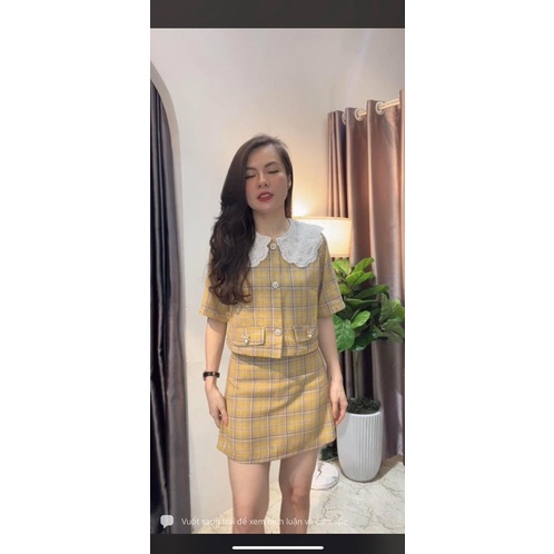 Set áo sơ mi cổ ren mix chân váy kẻ thô nt closet