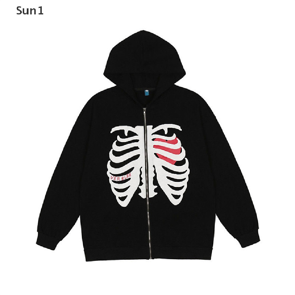 Áo Khoác Hoodie Phối Khóa Kéo In Hình Xương Anime Cá Tính Cho Nam Và Nữ
