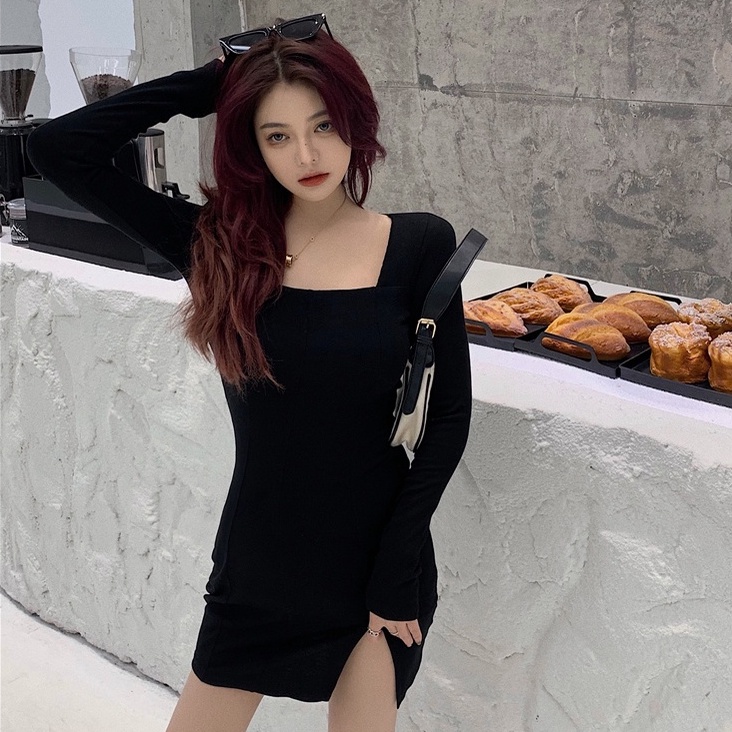 Váy Body Dài Tay Sexy RANSHI Siêu Xinh Đầm Body Xẻ Tà Cổ Vuông Thu Đông Ôm Quyến Rũ Chất Thun Gân Đẹp - RBD038
