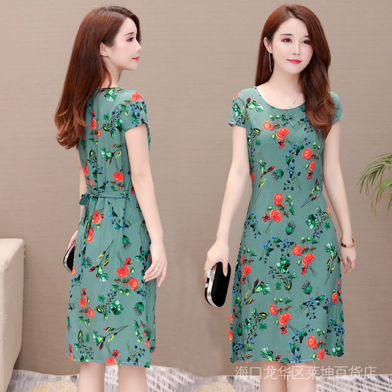 Đầm Cotton Lụa Tay Ngắn Plus Size Thời Trang Mùa Hè Cho Phụ Nữ Trung Niên