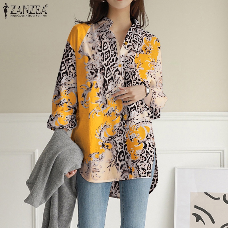 Áo sơ mi ZANZEA tay dài họa tiết da báo thời trang dành cho nữ