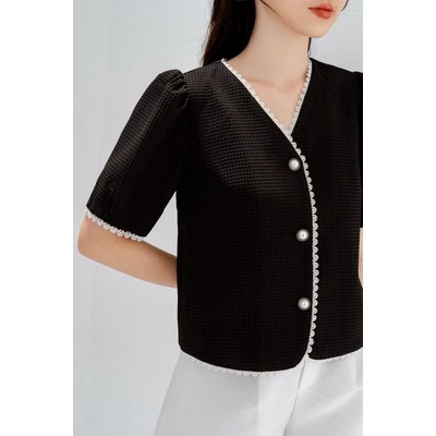 Áo sơ mi cổ tim phối ren chất Tacta hạt đứng form, không nhăn TIINSTORE AHN334