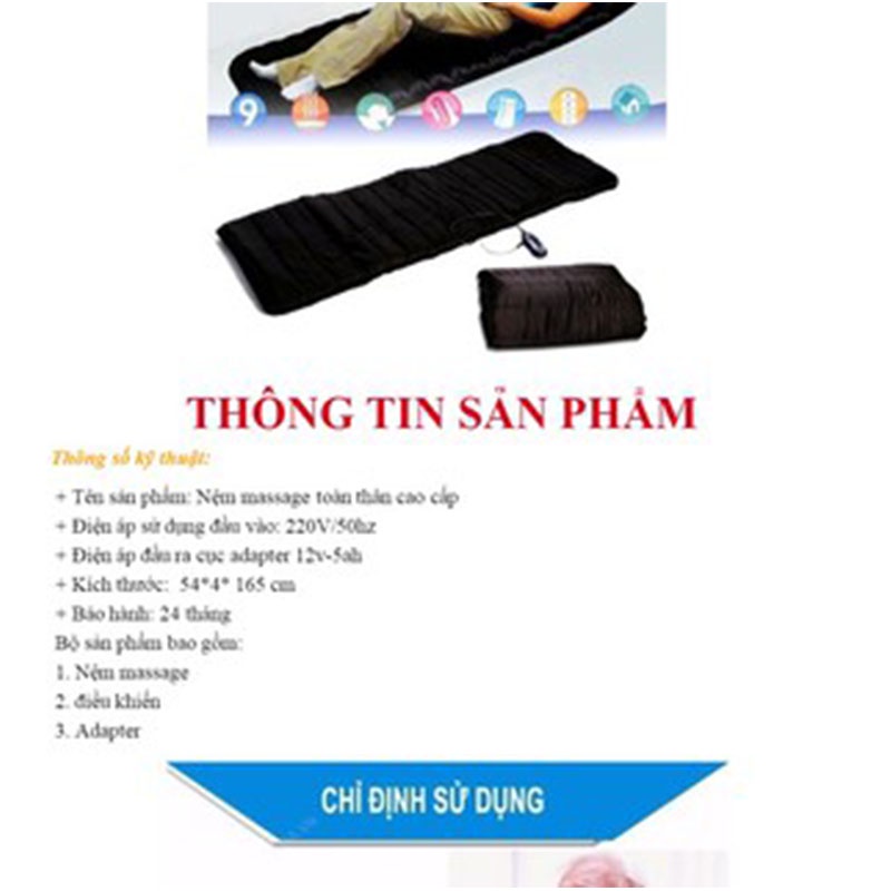 Đệm massage , Nệm massage toàn thân giảm đau nhức QC080 với 9 bi rung nóng Bảo Hành 12 Tháng