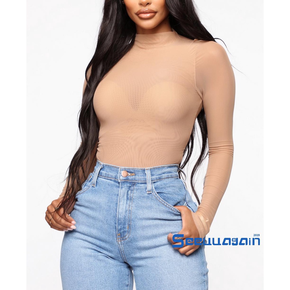 Bộ Áo Liền Quần Tay Dài Cổ Tròn Phối Lưới Màu Trơn Thời Trang Quyến Rũ Cho Nữ | BigBuy360 - bigbuy360.vn
